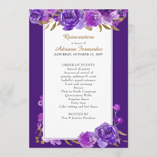 Programme Rose pourpre et Elegant feuille or Quinceanera (Devant)