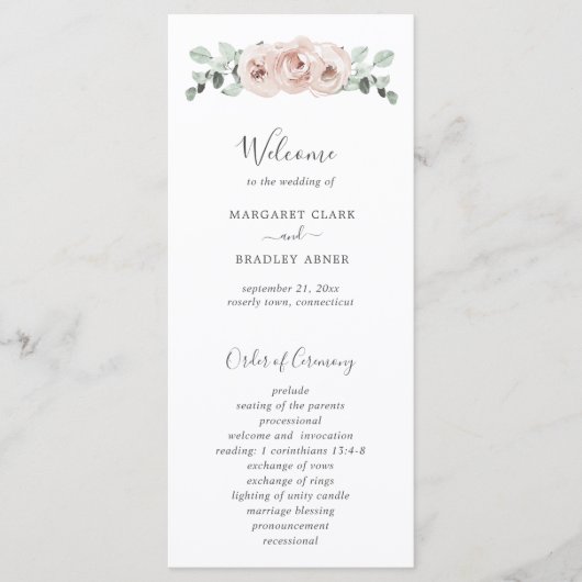 Programme Rose Poussiéreuse Fleurs Aquarelle Élégant Mariage (Devant)