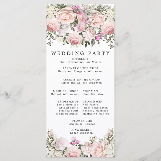 Programme Rose rose rustique Mariage floral (Dos)