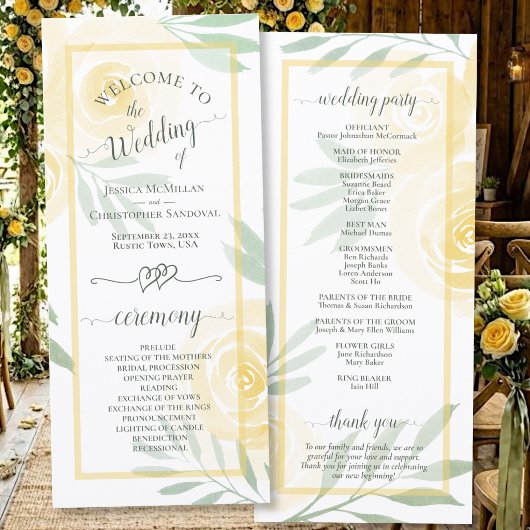 Programme Roses Aquarelle Jaune Beurre Élégant Mariage