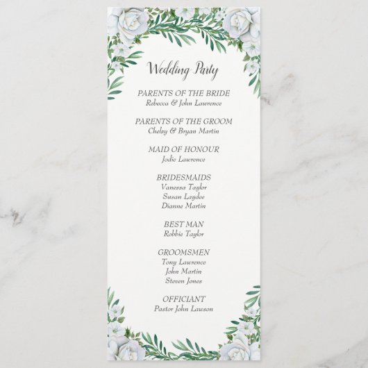 Programme Roses blanches Mariage de feuillage (Dos)