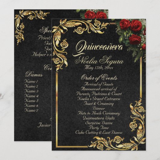 Programme Roses & Gold Leaves - Black Quinceanera Program (Devant / Derrière)