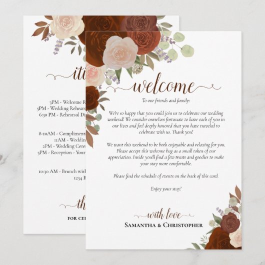 Programme Roses Orange Rouille Mariage Accueil & Itinéraire (Devant / Derrière)