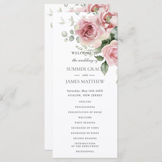 Programme Roses rose pâle Floral Mariage (Devant / Derrière)