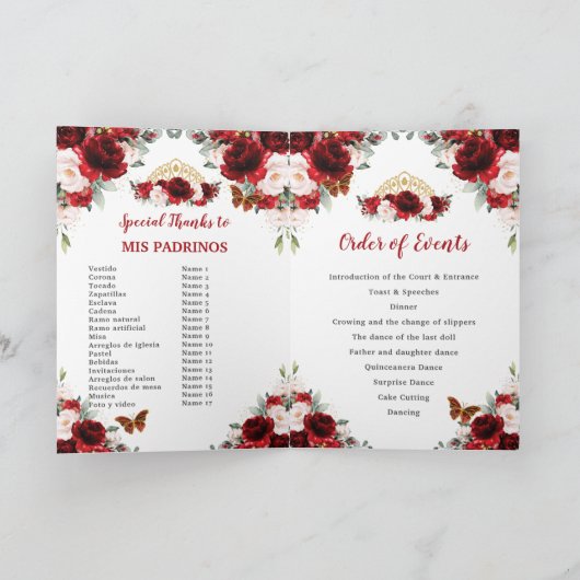 Programme Rouge Blush Floral Or Quinceañera Ordre des événem (Intérieur)