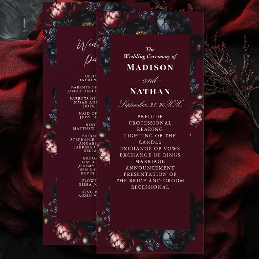 Programme Rouge foncé Moody Romantique noir pivoine Mariage