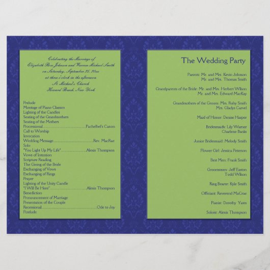 Programme Royal Blue et Chartreuse Mariage damassé (Dos)