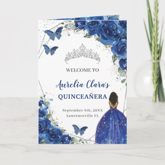 Programme Royal Blue Floral Quinceañera Ordre des événements (Devant)