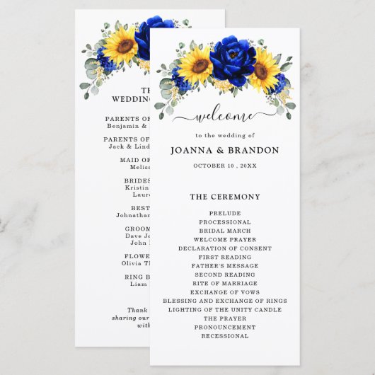Programme Royal Blue Rustic Tournesol Moderne Floral Mariage (Devant / Derrière)