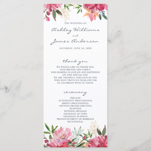 Programme Ruby Pink Peony Mariage botanique (Devant)