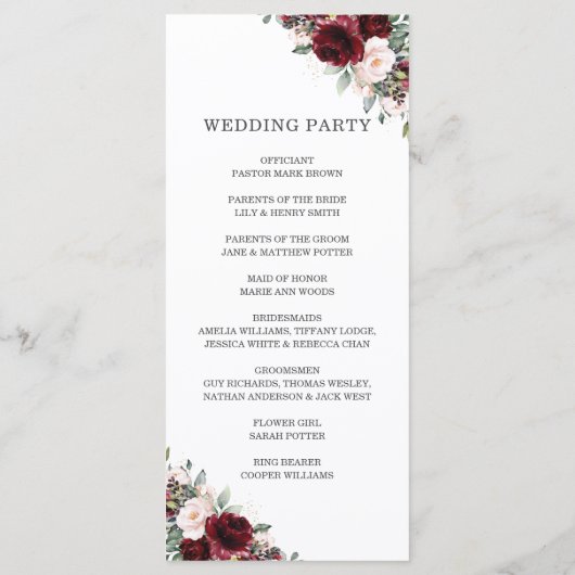Programme Rustic Blush Pink Bourgogne Floral Wedding Program (Dos)