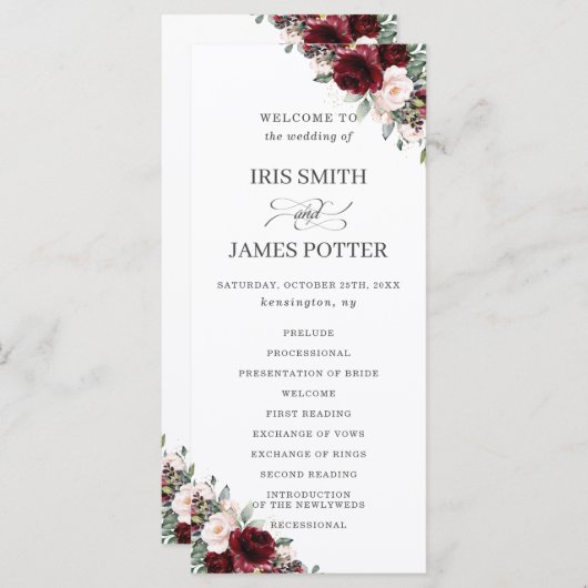 Programme Rustic Blush Pink Bourgogne Floral Wedding Program (Devant / Derrière)