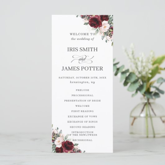 Programme Rustic Blush Pink Bourgogne Floral Wedding Program (Debout devant)
