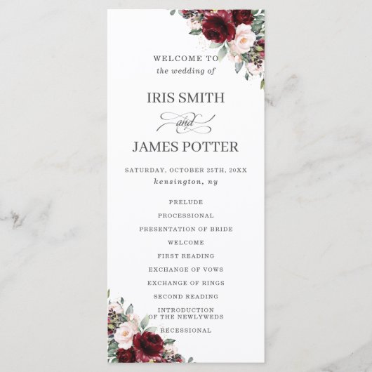 Programme Rustic Blush Pink Bourgogne Floral Wedding Program (Devant)