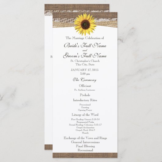 Programme Rustic Burlap and Sunflower Wedding Program (Devant / Derrière)