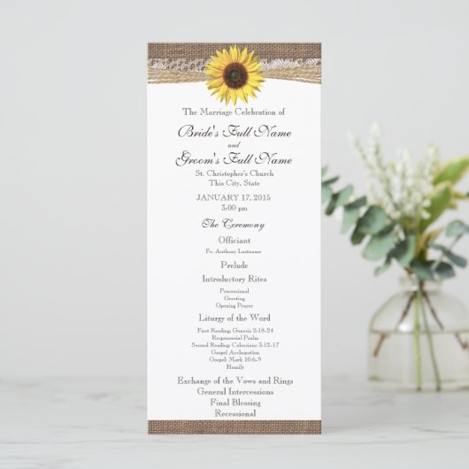 Programme Rustic Burlap and Sunflower Wedding Program (Debout devant)