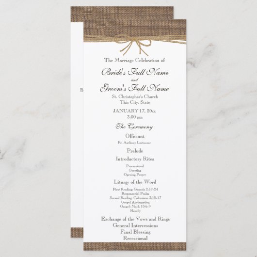 Programme Rustic Burlap et Twine Wedding Program (Devant / Derrière)