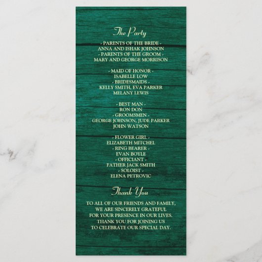Programme Rustic Emerald Green Mariage (Dos)