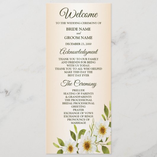 Programme Rustic Golden Frame White Floral Peach Wedding (Devant)