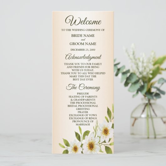 Programme Rustic Golden Frame White Floral Peach Wedding (Debout devant)