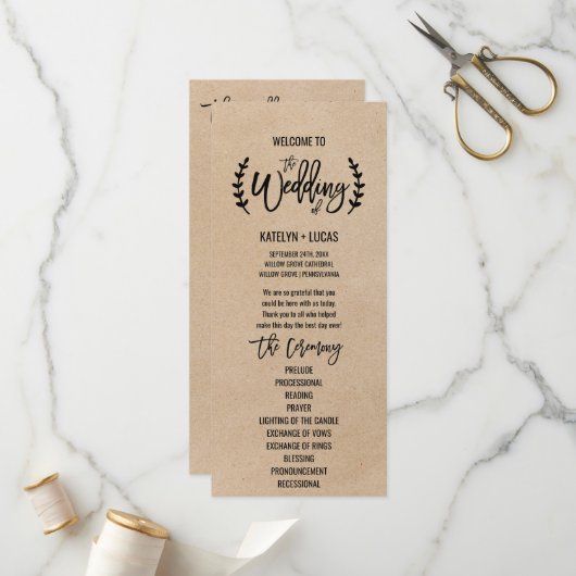 Programme Rustic Kraft Calligraphy Memorial Wedding Programm (Devant/Arrière en situation)