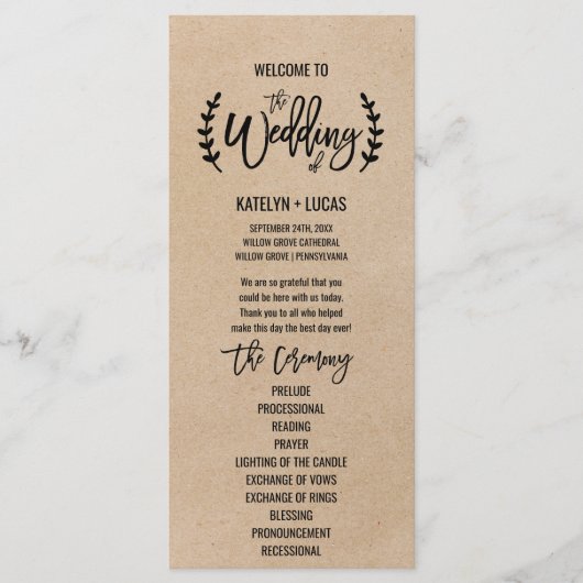 Programme Rustic Kraft Calligraphy Memorial Wedding Programm (Devant)
