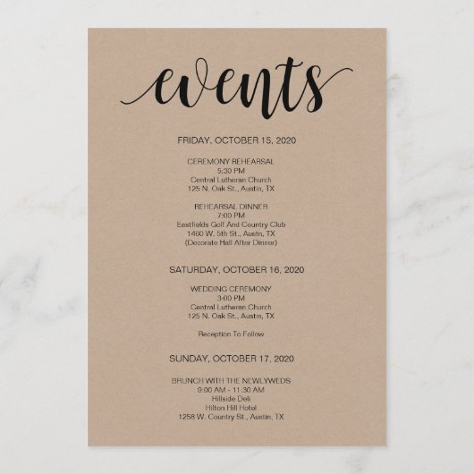 Programme Rustic Kraft Mariage Welcome and Itinercard (Dos)