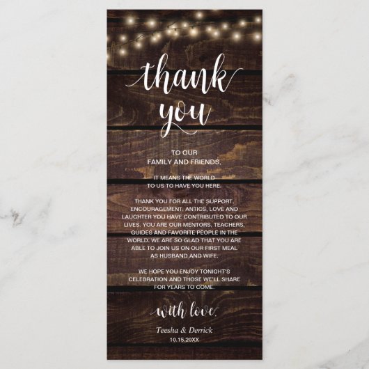 Programme Rustic String Lights, Place Setting Thank You (Devant)