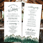 Programme Rustic Watercolor Mountains & Pine Mariage<br><div class="desc">Ce programme de mariage est rustique et extérieur tout en étant élégant et beau. Il dispose d'un paysage aquarelle de pics montagneux accidentés avec des pins au premier plan. Les titres sont écrits en calligraphie stylistique couleur vert forêt, et il y a de l'espace pour vos détails de cérémonie et...</div>