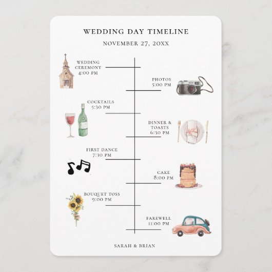 Programme Rustic Watercolor Wedding Day Event Timeline (Devant)