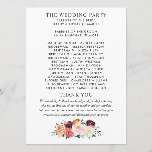 Programme Rustique Bourgogne Blush Automne Floral Mariage Cé (Dos)