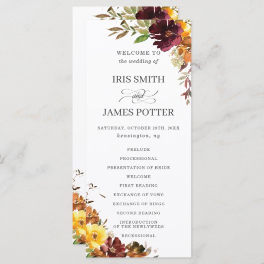 Programme Rustique Bourgogne brûlé Orange Floral Mariage (Devant / Derrière)