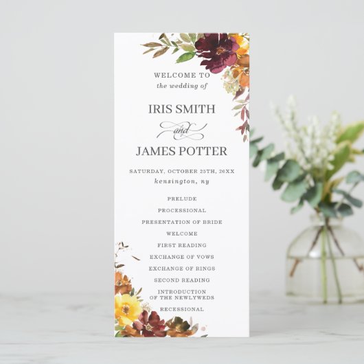 Programme Rustique Bourgogne brûlé Orange Floral Mariage (Debout devant)