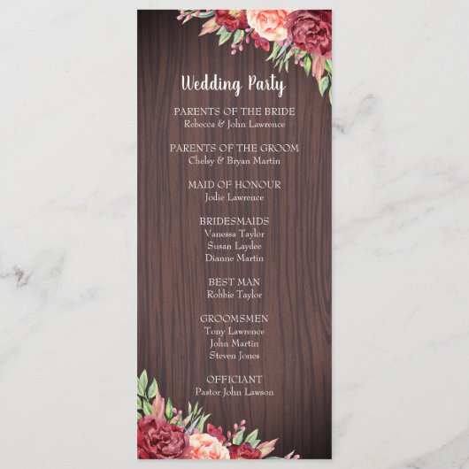 Programme Rustique Bourgogne Floral Aquarelle Mariage (Dos)