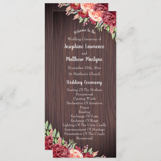 Programme Rustique Bourgogne Floral Aquarelle Mariage (Devant / Derrière)