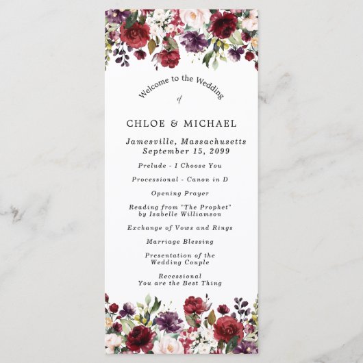 Programme Rustique Bourgogne Rouge Floral Mariage (Devant)