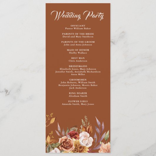 Programme Rustique Bourgogne Terracotta Mariage Floral (Dos)