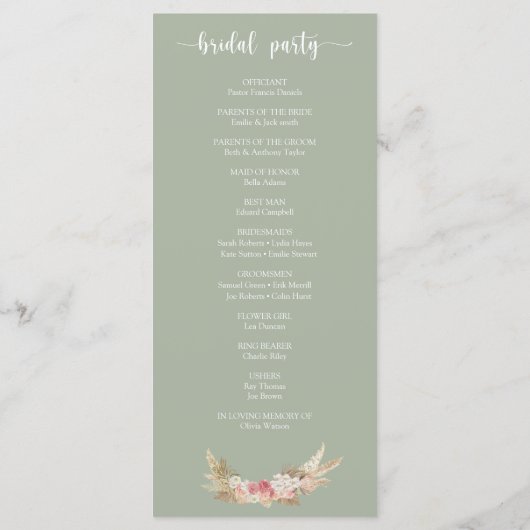 Programme Sage Green Boho Floral Wreath Mariage Flat Program (Dos)