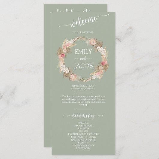 Programme Sage Green Boho Floral Wreath Mariage Flat Program (Devant / Derrière)