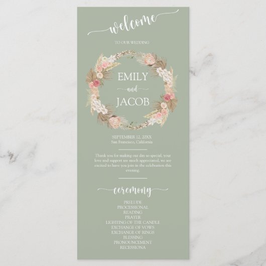Programme Sage Green Boho Floral Wreath Mariage Flat Program (Devant)