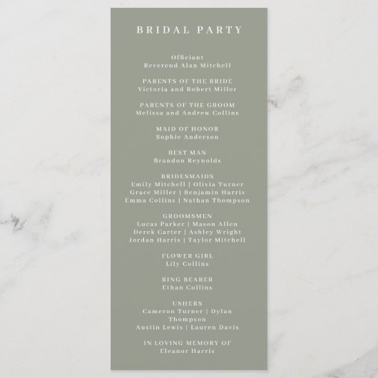 Programme Sage Green Botanical Élégante cérémonie de mariage (Dos)