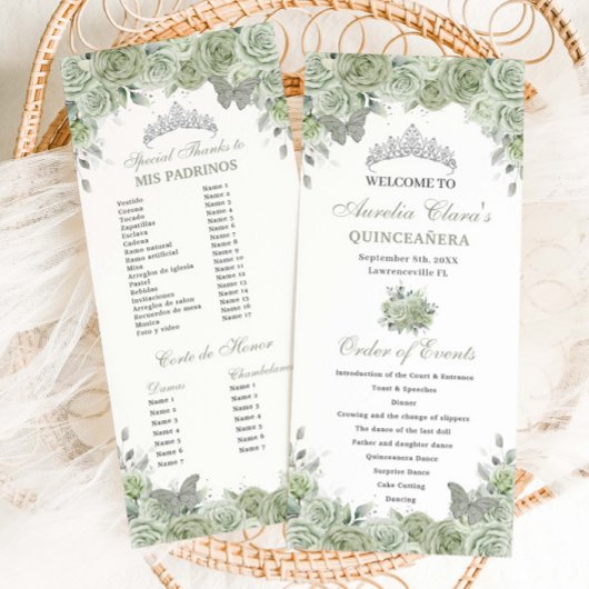 Programme Sage Green Floral Argent Quinceañera Ordre Événeme