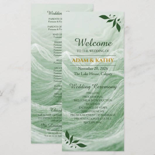 Programme Sage Green Marble & Gold Wedding Program (Devant / Derrière)