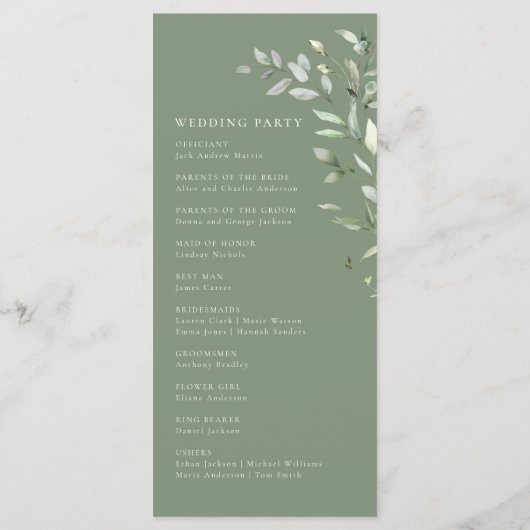 Programme Sage Green Olive Botanical Elegant Wedding Program (Dos)
