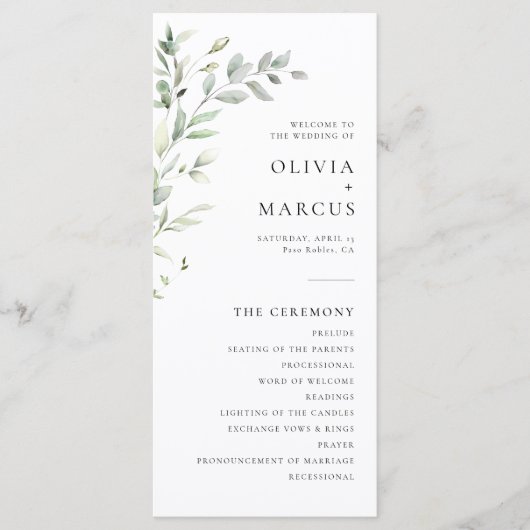 Programme Sage Green Olive Botanical Elegant Wedding Program (Devant)