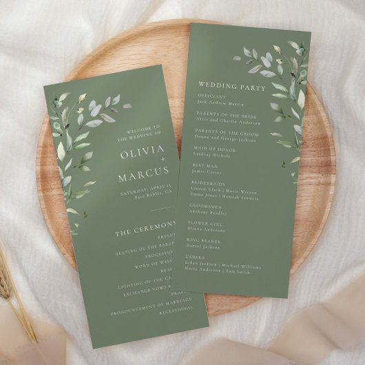 Programme Sage Green Olive Botanical Elegant Wedding Program