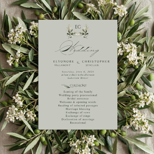 Programme Sage Green Olive Branch Monogram Wedding Program 