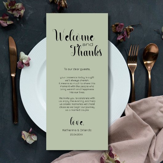 Programme Sage Green Welcome & Thanks Place Setting Cards