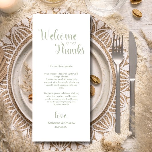 Programme Sage Green Welcome & Thanks Place Setting Cards