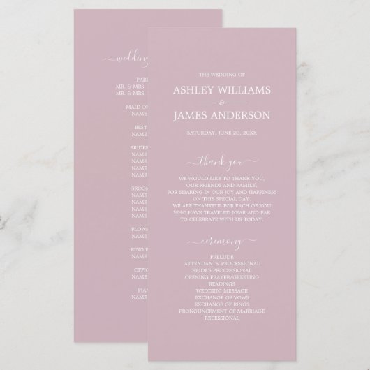 Programme Script Chic Pastel Purple Simple Minimal Mariage (Devant / Derrière)